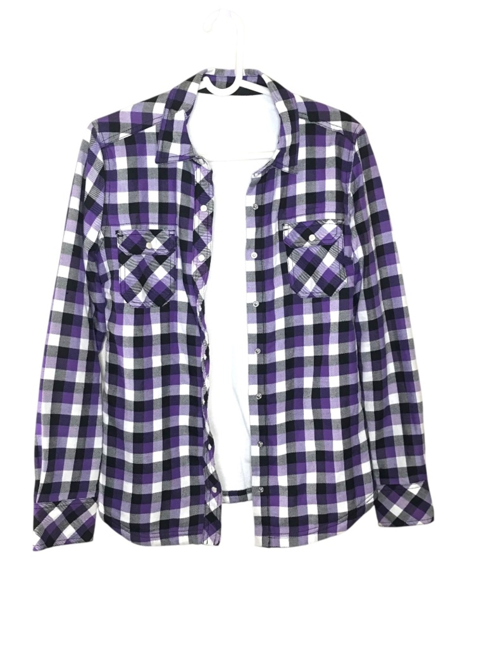Purple Black White Plaid Fleece Lined Snap Front Flannel Shirt Jacket Size M